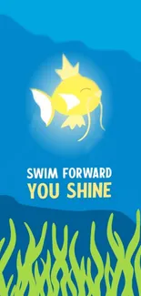 Yellow fish with motivational quote on blue background.