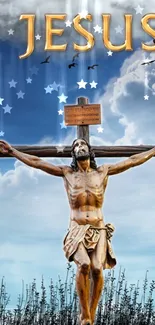 Jesus on the cross with a starry sky and text, inspiring wallpaper