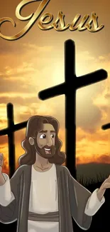 Illustration of Jesus and crosses at sunset.