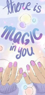 Magical hands with inspiring quote and light effects in pastel tones.