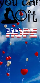 Sky background with heart balloons and motivational text.