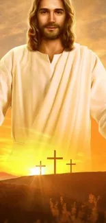 Divine figure with sunrise and crosses in a spiritual wallpaper.