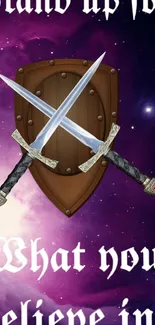 Crossed swords and shield on a cosmic purple background with motivational text.