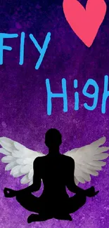 Meditative silhouette with wings on a purple background, featuring 'Fly High' text.