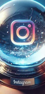 Instagram logo inside a crystal ball with blue and pink hues.