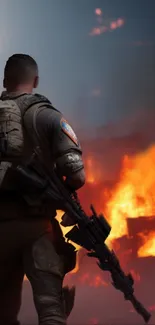 Soldier standing amid fiery scene with rifle on shoulder.