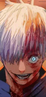 Anime character with white hair and intense expression against a colorful background.