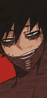 Intense anime character with a red background and blue eyes.