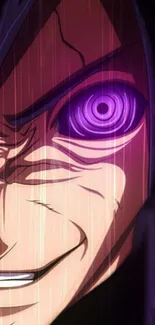 Intense anime face with purple eye, dynamic design.