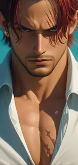 Anime character with blue eyes and a white shirt, intense stare.