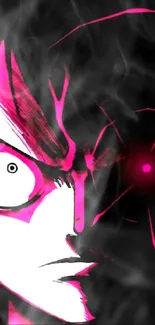 Intense anime character with pink highlights on a dark background.