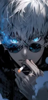 Anime character with blue eyes and white hair in a smoky ambiance.