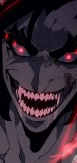 Dark themed anime demon face with fiery red eyes.