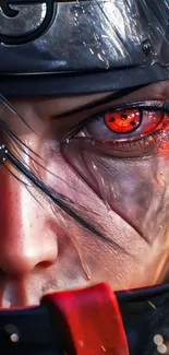Anime character's intense red eye close-up on wallpaper.