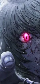 Anime character with glowing magenta eye and dark, mysterious background.