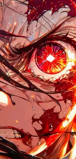 Close-up of anime character with expressive red eye and dynamic colors.