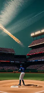 Baseball player on mound under stadium lights and night sky.