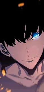 Anime character with glowing blue eye and fiery background.