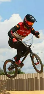 BMX rider jumping in a dirt race track under a blue sky.