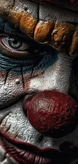 Close-up, intense clown face with vivid, textured details and bold colors.