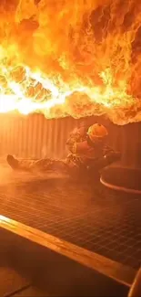 Firefighter in action surrounded by intense flames.