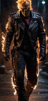 Biker in flames walks through alley, intense scene.