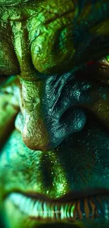 Close-up of green creature with intense gaze.