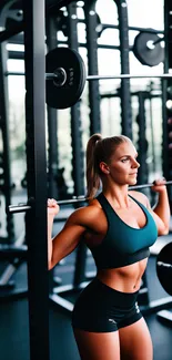 Focused female athlete lifting weights in a modern gym setting.