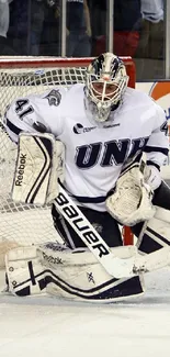 Exciting ice hockey match with goalie saving a shot.