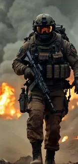 Soldier in tactical gear amidst flames and smoke.