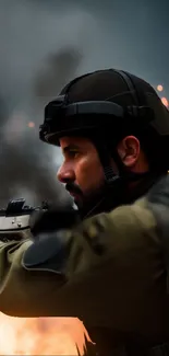 A soldier in tactical gear amidst fiery combat action.