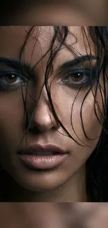 Close-up portrait of a mysterious woman with wet hair and captivating eyes.