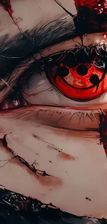 Close-up of intense red anime eye art design, perfect for mobile wallpaper.