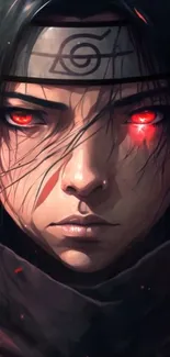 Anime character with striking red eyes and dark background.