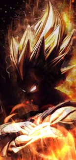 Fiery Saiyan warrior with intense flames in dynamic anime artwork.