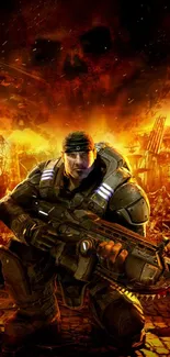 Gritty sci-fi soldier in a fiery, post-apocalyptic landscape.