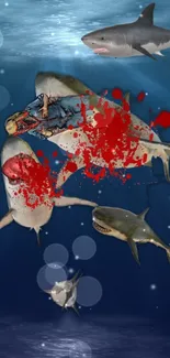 Graphic depiction of shark attack underwater.