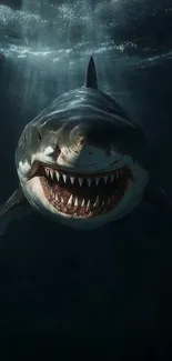 A menacing shark swimming underwater in low light conditions.