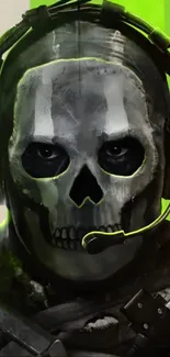 Intense skull character with headset in a dark, green-themed mobile wallpaper.