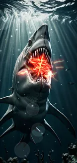 An intense underwater scene featuring a large shark with open mouth in the ocean.