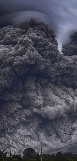 Towering ash clouds from a volcanic eruption with a gray sky.