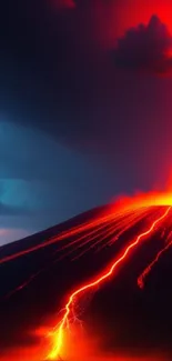 Volcanic eruption with red lightning and lava flow.