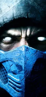 Blue-masked intense warrior artwork for mobile wallpaper.