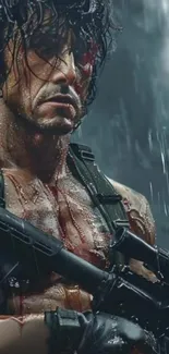 Muscular warrior holding weapon in rain.