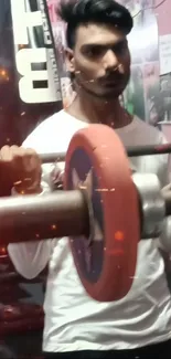 Man lifting weights in the gym with intense focus, showcasing fitness and strength.