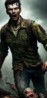 Survivor in zombie apocalypse scene, intense and thrilling atmosphere.