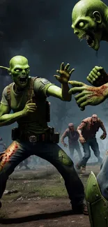 Intense zombie battle scene with green zombies and a dark atmosphere.