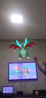 Augmented reality dragon floats above a game screen in a modern living room.