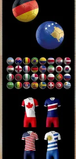 Mobile wallpaper featuring soccer jerseys and international flags.