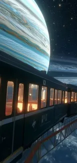 Train traveling in space with planet and stars.